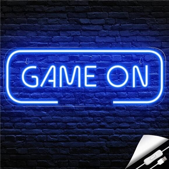 Gaming Neon Sign Game On Blue Room Decor LED Teen Boy Room Gamer Wall Console - Picture 1 of 8